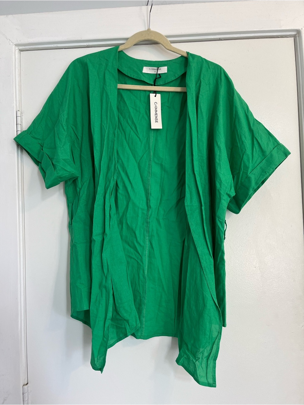 Commense Bright Green Open-Front Short Sleeve Tunic cover up no belt linen